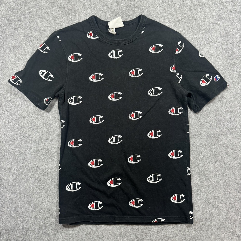 Champion Heritage All Over Print‎ T-Shirt Small Black Cotton Logo Graphic